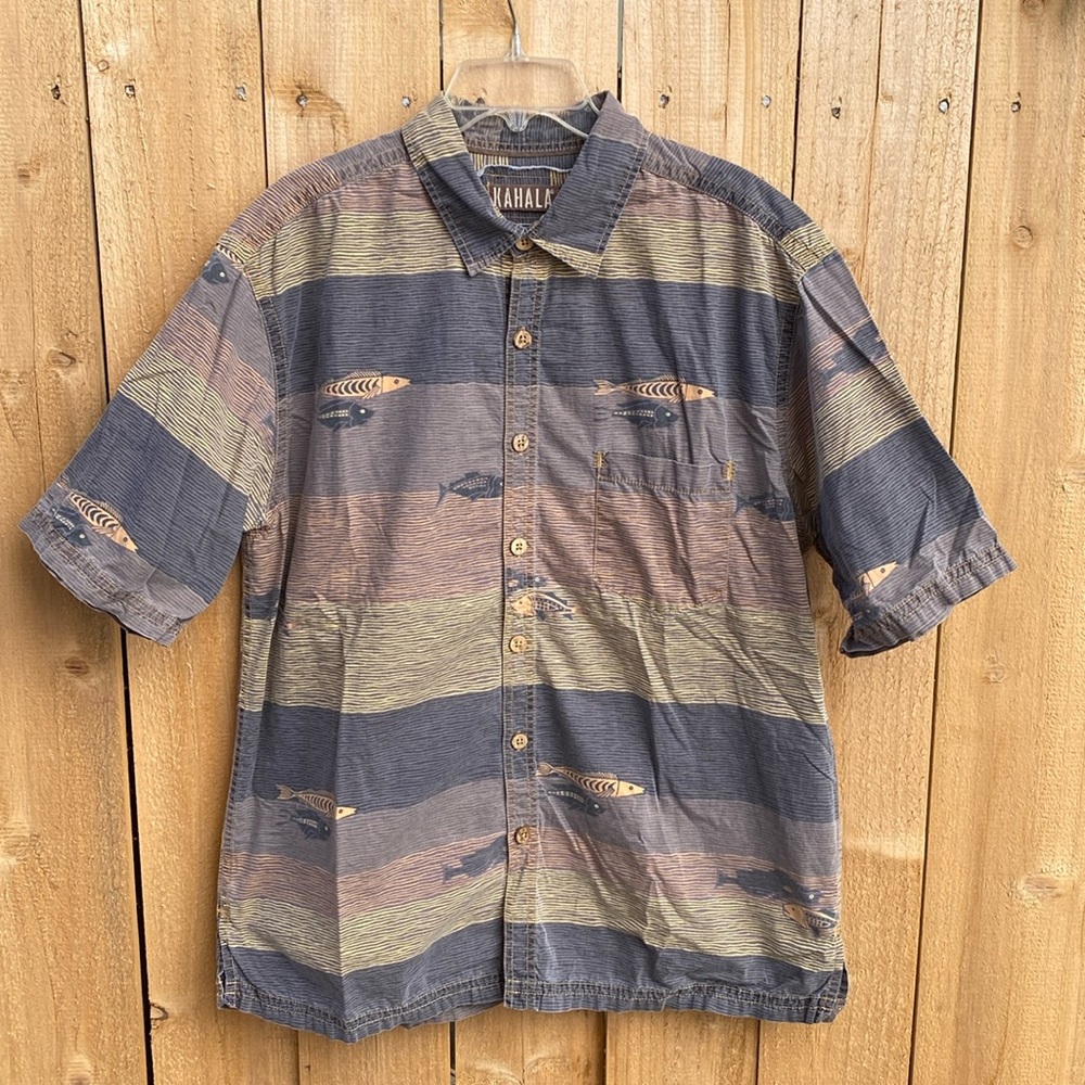 Men Kahala 1936 Hawaiian Aloha Shirt Large Fish Stripes Neutral Tan Grey Cotton